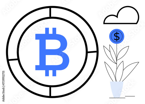 Bitcoin logo inside segmented circle, plant with dollar symbol as flower, and cloud element. Ideal for cryptocurrency, blockchain, finance, investment, savings fintech digital economy. Modern flat