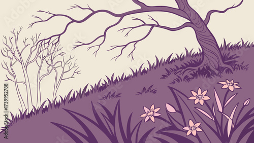 Creeping purple grape vein covering the soil amid African spring wildflowers isolated on grassy purple back-view
