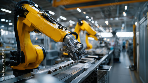 Industrial engineers supervising robotic arms in production line, concept of smart industry and high-tech innovation industrial engineers, supervising robotic arms, production line