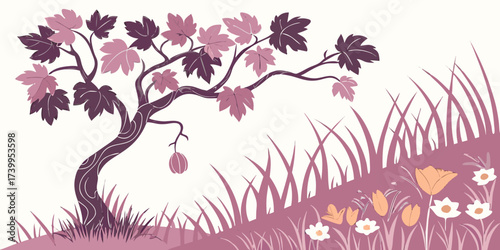 Creeping purple grape vein covering the soil amid African spring wildflowers isolated on grassy pink back-view