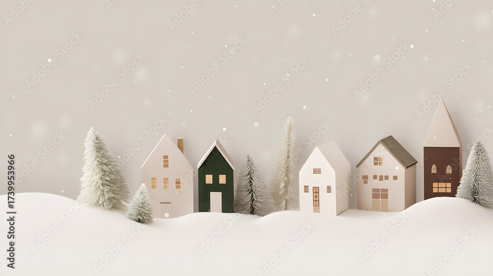 Fototapeta premium Christmas and New Year holiday background with small houses and snowflakes.