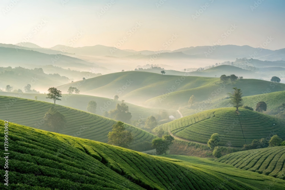 Fototapeta premium Serene morning in a lush green tea plantation, with misty hills and winding paths in the background