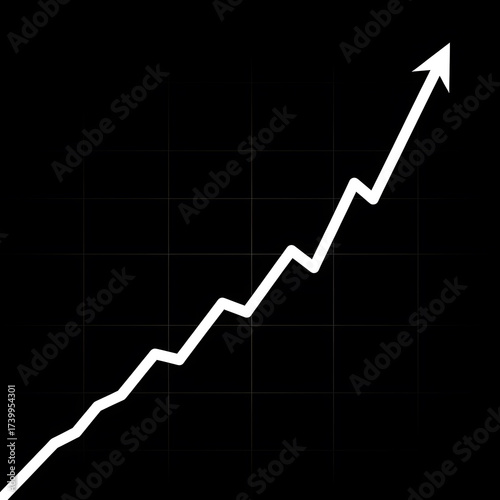 White line graph with an arrow pointing upwards on a black background with a faint grid pattern
