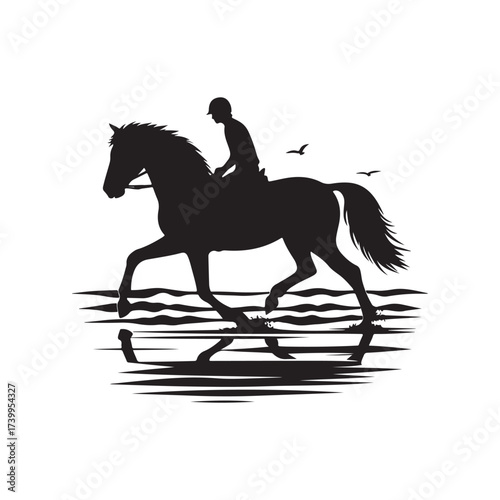 horse and rider on beach vector silhouette clip art logo design illustration