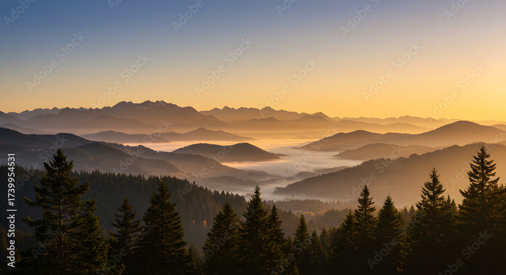 Obraz premium Misty Mountain Landscape at Sunrise With Forest