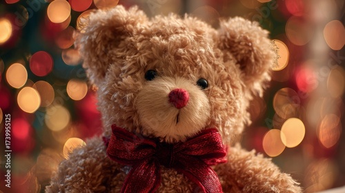 Teddy bear with a red Christmas bow against a Christmas tree and bokeh lights background. Christmas gift concept.