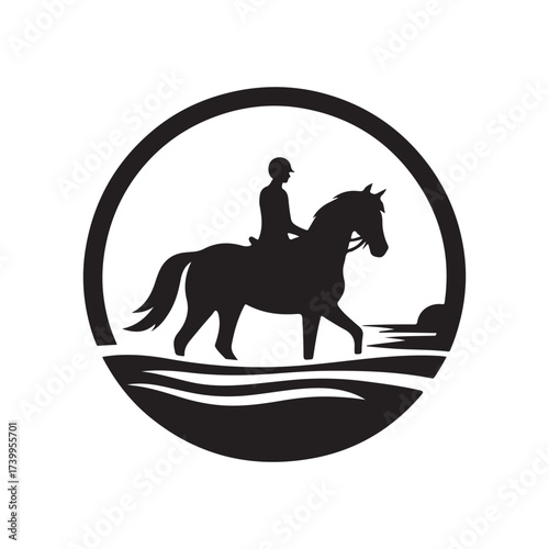 horse and rider on beach vector silhouette clip art logo design illustration