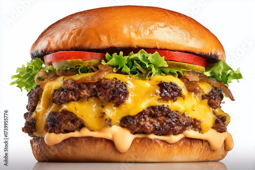Close Up of Juicy Double Cheeseburger with Lettuce and Tomato
