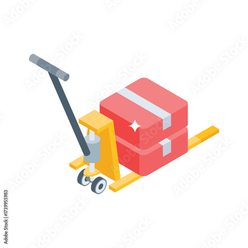 A vibrant isometric icon of hand pallet truck, pallet jack transporting a package box