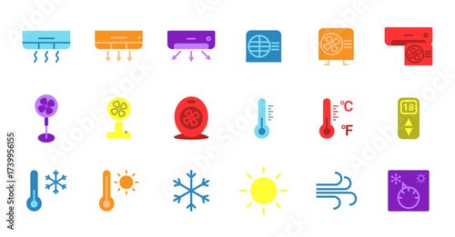 Flat vector icon set for air conditioning and weather, including AC units, fan, thermometer, snowflake, sun, wind, and thermostat. Colorful collection of climate control and temperature symbols