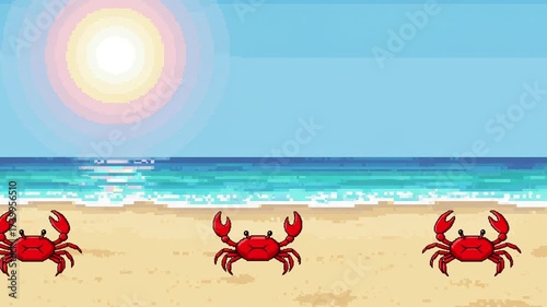 Three red pixel-art crabs scuttle side-to-side along a sandy beach under a bright sun with gentle ocean waves in retro 2D animation. Ideal as a looping background for summer, vacation, or arcade-style