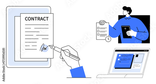 Hand signing contract, person holding checklist, and laptop displaying document. Ideal for business, workflow, technology, e-signature, legal compliance, productivity simple flat metaphor
