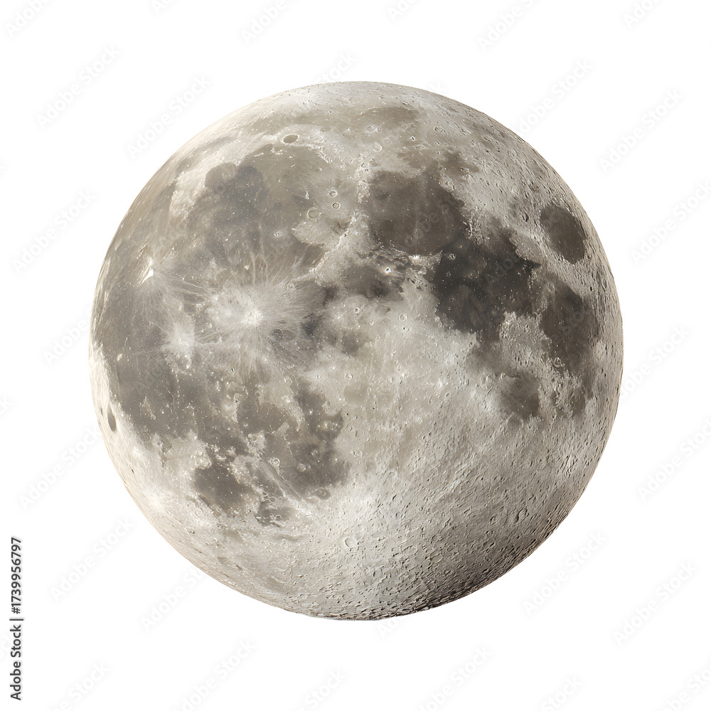 Obraz premium Crisp Full Moon on White Background Isolated - Lunar Night Sky Photo