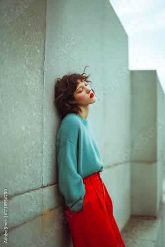 A woman in a blue sweater and red pants is leaning against a wall