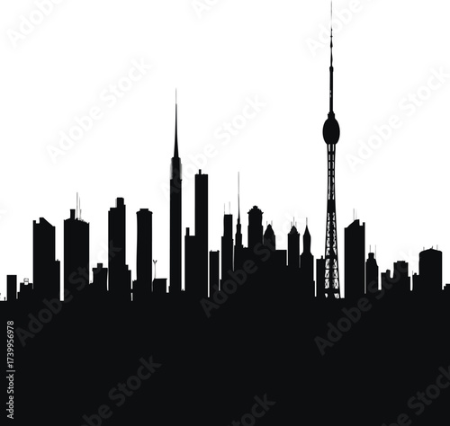 Black silhouette of city skyline with communication tower and buildings white background.




