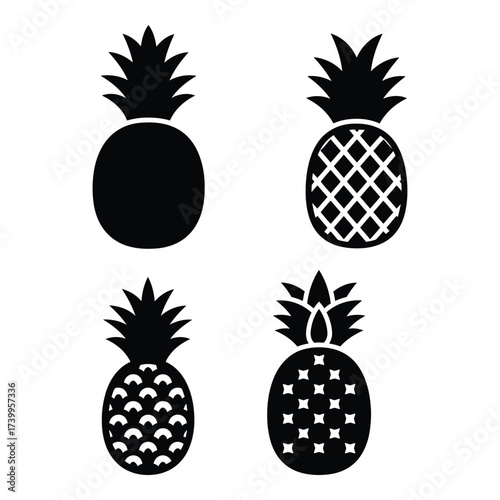 Four distinct pineapple icons featuring geometric and solid silhouettes for tropical food and summer design elements silhouette