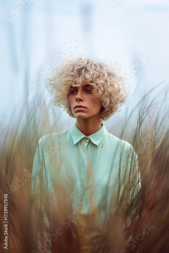 A woman with blonde hair stands in a field of tall grass
