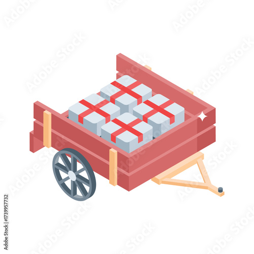 An isometric illustration of a wooden hand cart loaded with several identically sized packages.