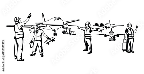 Minimalist line art sketch of a aircraft handler black silhouette style vector art design