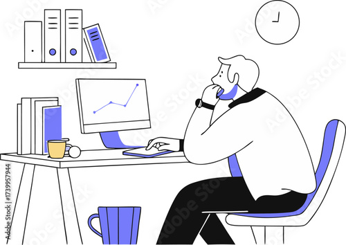 Man with blonde hair and beard at desk with computer and books vector