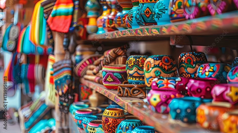 Fototapeta premium Colorful handcrafted pottery and textiles displayed on shelves in a vibrant market setting
