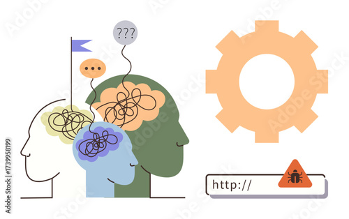 Human heads displaying tangled thoughts, question marks, and speech bubbles with a gear and error alert. Ideal for teamwork, problem-solving, communication, technology issues, brainstorming, mental