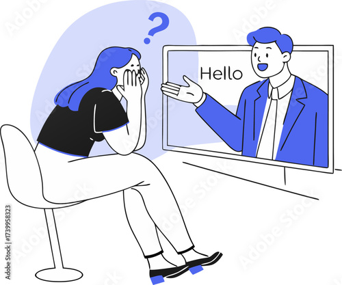 Woman on video call looking confused at man saying hello confusion question mark