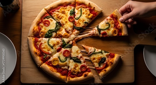 Delicious overhead shot of a freshly baked pizza with melted cheese, basil, and peppers, being picked up, showing a dramatic cheese pull.