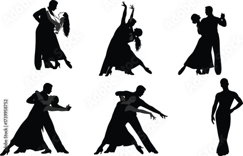 Elegant silhouettes of dancing couples in romantic poses, perfect for wedding, ballroom, or Latin dance themes — vector illustration with graceful movement and timeless style.