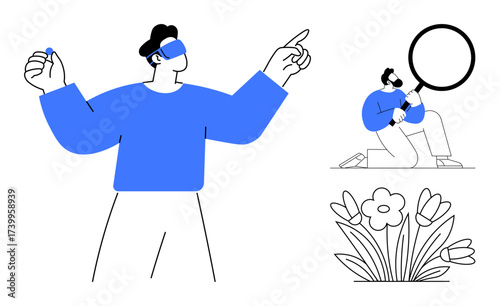 Man using VR headset pointing ahead, another kneeling with magnifying glass, flowers below. Ideal for technology, exploration, study, nature, curiosity innovation virtual experience. Simple flat