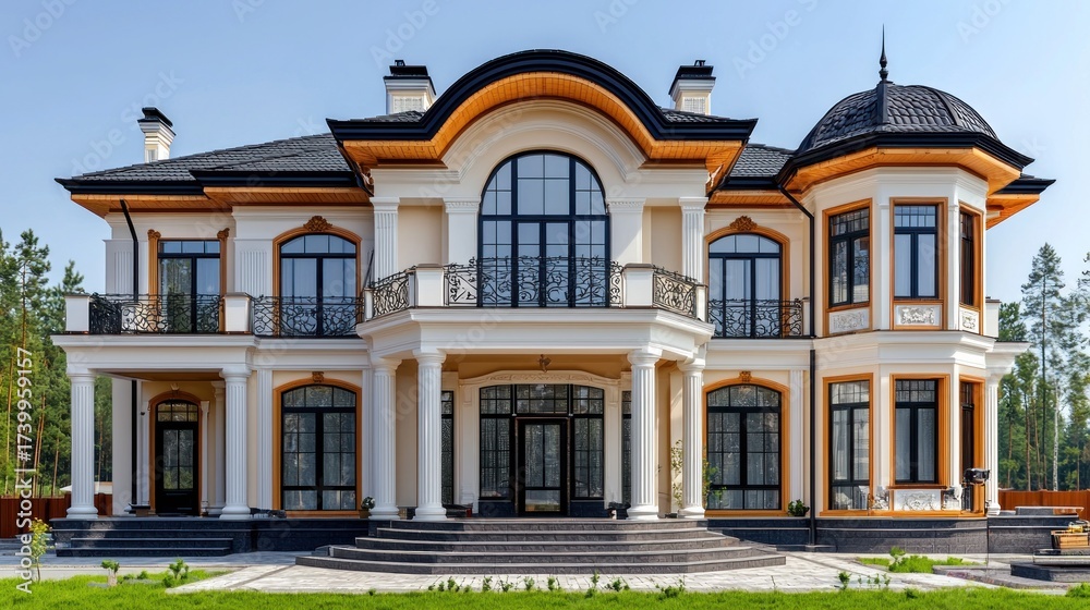 Fototapeta premium Large opulent house with decorative details, front view, with landscaped lawn