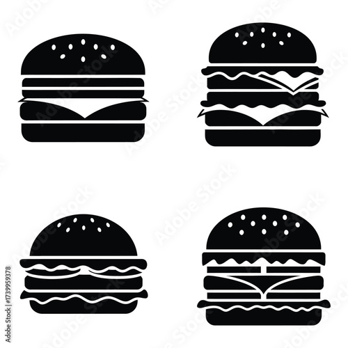 Four distinct hamburger icons featuring classic toppings and buns ideal for food menus and fast food branding silhouette