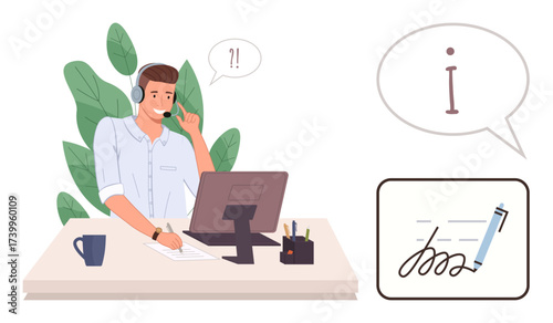 Customer service agent in a headset working at a desk with a computer, dialogue bubbles, contract signing. Ideal for communication, support, business solutions, telecommunication, technology, advice
