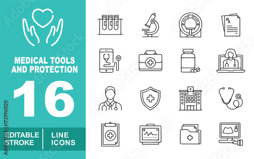 Medical tools and protection set of web icons in line style. Containing handheart, testtubes, microscope, mri, prescription, phone, suitcase, pills, doctor, doctor, shield. Editable stroke icons