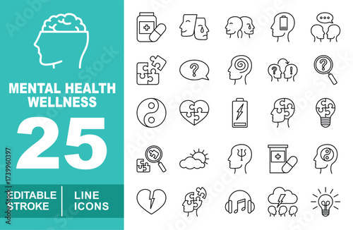 Mental health wellness set of web icons in line style. Containing brain, pills, mask, people, battery, puzzle, speech, spiral, search, yinyang, heart, lightbulb. Editable stroke icons collection.
