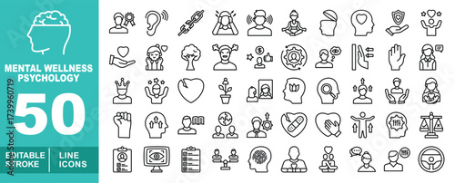 Mental wellness psychology set of web icons in line style. Containing head, medal, ear, chain, stress, yoga, heartshield, dna, heart, man, tree, stars, gear, face, balance, card. Editable stroke icons
