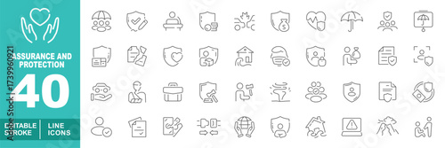 Assurance and protection set of web icons in line style. Containing handheart, people, shieldcheck, car, money, tree, heart, umbrella, shield, report, heartshield. Editable stroke icons collection.