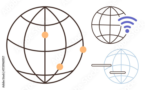 Geometric globe structures with data points, wireless icon, and signal lines. Ideal for internet, global network, technology, communication, data sharing wireless tech and online systems. Simple