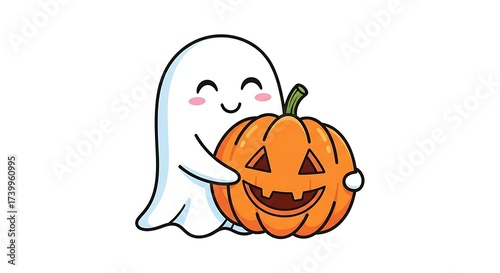Cute cartoon ghost hugging a smiling jack-o'-lantern pumpkin for Halloween.