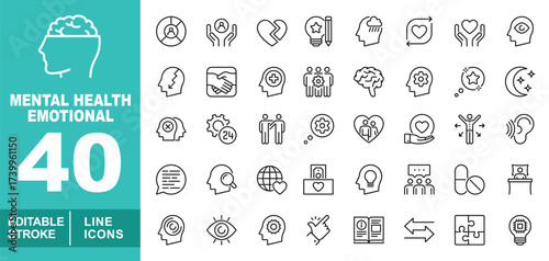 Mental health emotional set of web icons in line style. Containing brain, chart, handheart, heart, pen, cloud, people, head, handshake, headplus, star, sleep, man, gear, couple. Editable stroke icons 
