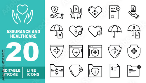 Assurance and healthcare set of web icons in line style. Containing handheart, shieldhand, handmoney, heartplus, report, umbrella, heart, shieldplus, shieldweb. Editable stroke icons collection.