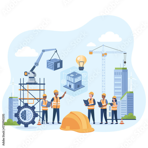 Diverse construction team using digital technology and AI to manage smart building projects, with cranes, scaffolding, and BIM elements in an urban area.