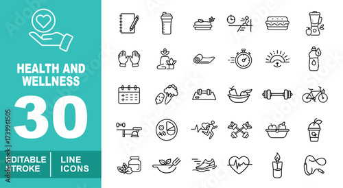 Health and wellness set of web icons in line style. Containing handheart, notebook, shake, water, timer, burger, blender, gloves, lotus, rug, timer, sunrise. Editable stroke icons collection.