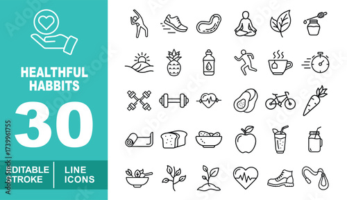 Healthful habits set of web icons in line style. Containing handheart, yoga, sneakers, sport, meditation, leaves, honey, sunrise, pineapple, water, runner, tea, timer, dumbbells. Editable stroke icons