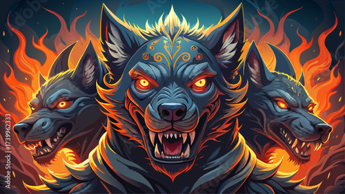 Close-up portrait of Cerberus, glowing fiery eyes, surreal triple heads, fantasy aura, dreamlike guardian beast, mythical power, imaginative design, epic close-up artwork, legendary underworld monster