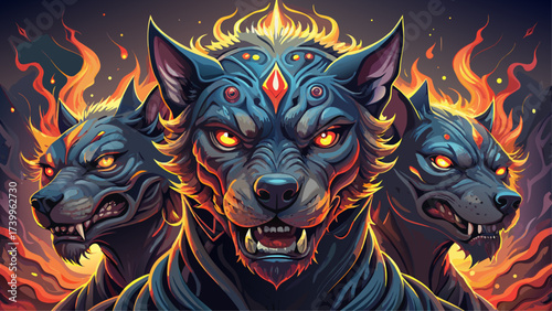 Close-up portrait of Cerberus, glowing fiery eyes, surreal triple heads, fantasy aura, dreamlike guardian beast, mythical power, imaginative design, epic close-up artwork, legendary underworld monster