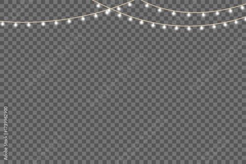 Elegant warm fairy lights garland glowing on dark transparent background for celebration or wedding decoration