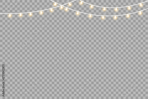 Glowing golden string lights decoration on transparent background for festive holiday and party design