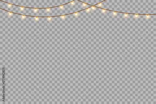 Warm golden fairy string lights illumination on transparent background for party, festival, or wedding backdrop