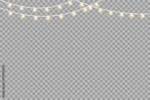 Decorative glowing light bulbs string garland on transparent background for Christmas or New Year design